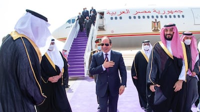 Saudi Arabia's Crown Prince Mohammed bin Salman greets Egyptian President Abdel Fattah El Sisi on his arrival in Riyadh. Their agenda includes the Russian invasion of Ukraine and the effect of Ethiopia’s construction of its Grand Renaissance Dam on the Blue Nile. SPA