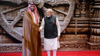 India's Prime Minister Narendra Modi welcomes Saudi Arabia's Crown Prince and Prime Minister Mohammed bin Salman to the G20 summit. AFP