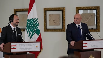 Lebanese President Joseph Aoun, right, hosted Cypriot President Nikos Chistodoulides at the presidential palace in Baabda. AP