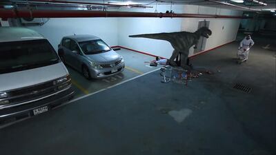 Du has set up a fake dinosaur to scare unsuspecting people in an unspecified Dubai cinema.
