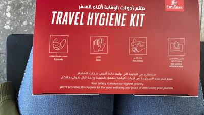 Passengers on board an Emirates flight to Dubai from Heathrow were given a Travel Hygiene Kit. Courtesy: Marianne Bagui