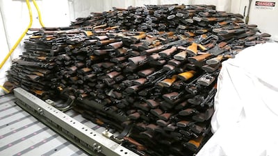 A cache of weapons is displayed by the US Navy in 2021 after it was seized from a dhow in the Arabian Sea. The risk posed by materiel falling into the wrong hands is not a new one. AFP