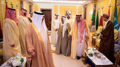 Saudi King Salman with Kuwait's emir Sheikh Sabah Al Ahmed at the GCC summit in Riyadh. Saudi Press Agency via AP