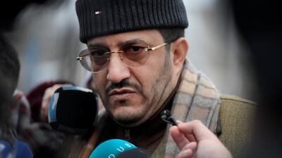 Othman Hussein Faid Mujali, Yemen's Minister of Agriculture and Irrigation, speaks to media during the peace talks on Yemen. TT News Agency via REUTERS