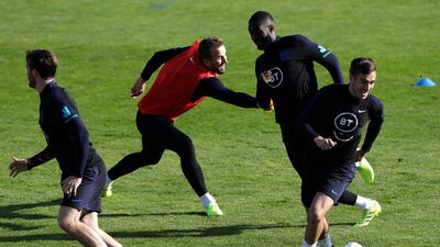 England's players training in Prague ahead of their Euro 2020 Group A qualifying soccer match against Bulgaria in Sofia on Monday. AP