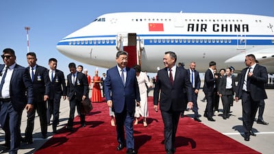 Kyrgyzstan's President Sadyr Japarov, right, receives China’s President Xi Jinping in Bishkek ahead of the Shanghai Co-operation Organisation summit. AFP