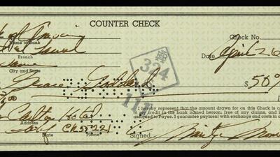 The check Marilyn Monroe wrote her mother, Grace Goddard for US$50 in 1952. Courtesy Julien's Auctions