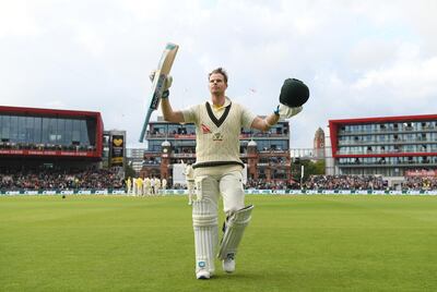 Steve Smith soaks up the applause after his double century at Old Trafford. Getty