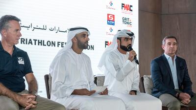 From left: Warren van der Merwe, manager of Super Sports events, Abdulla Alblooshi, board member UAE Triathlon Federation, Mohamed Alkamali, Endurance Sports, and Nicolas Girot, Grit and Tonic. Antonie Robertson / The National