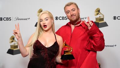 Kim Petras, left, and Sam Smith, winners of the award for Best Pop Duo/Group Performance for Unholy. AP