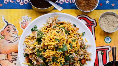 Bhel puri with a variety of ingredients at Chai Pani in Asheville, North Carolina. Photo: Molly Millroy