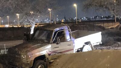 A young driver and two passengers were arrested for removing the plates from their vehicle and driving recklessly. The incident took place in the Baniyas area. They were caught when they crashed the pick-up truck into a ditch. Courtesy Abu Dhabi Police