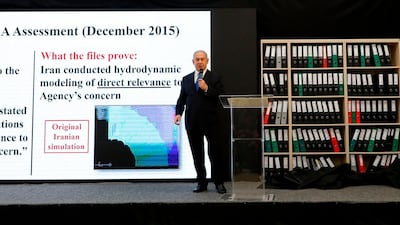 Israeli Prime Minister Benjamin Netanyahu delivers a speech on Iran's nuclear programme at the defence ministry in Tel Aviv on April 30, 2018. Jack Guez / AFP
