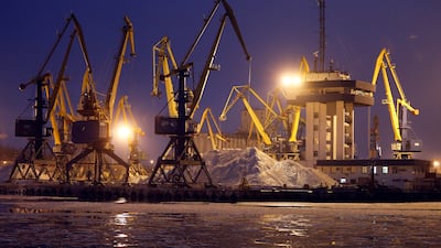 Cranes at a port in eastern Ukraine. Ukraine is one of the world's top grain exporters, loading container ships that carry 12 per cent of the world's wheat supply and 16 per cent of its corn. AP