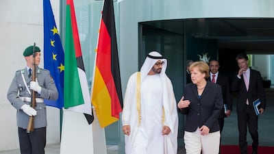 Sheikh Mohamed with Angela Merkel, German Chancellor after a meeting at the Chancellor's Office in Berlin, Germany. Donald Weber / Crown Prince Court - Abu Dhabi