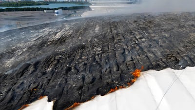 Aerial view of the roof of the Olympic Velodrome damaged by a fire in Rio de Janeiro, Brazil. AFP