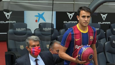 Eric Garcia with Barcelona president Joan Laporta during his official presentation at Camp Nou. AFP