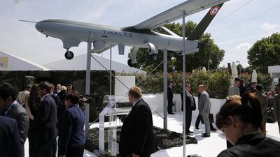 The Thales Watchkeeper, a tactical unmanned aircraft with intelligence, surveillance, target acquisition and reconnaissance capabilities, at the Eurosatory international Land and Air-Land Defense and Security fair in Paris. Yoan Valat / EPA