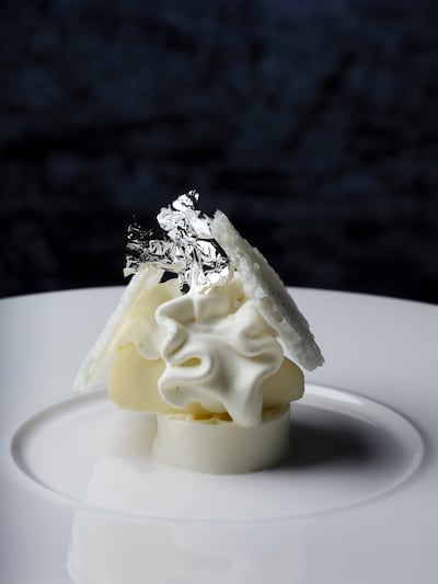 Pandan payesh vanilla yogurt with sour milk ice cream and milk crisp. Photo: Tresind