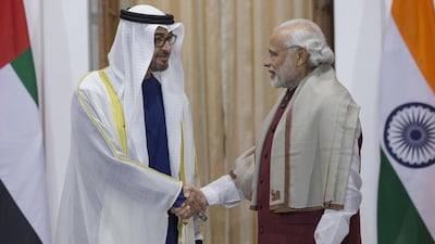 Sheikh Mohammed bin Zayed, Crown Prince of Abu Dhabi and Deputy Supreme Commander of the UAE Armed Forces, stands for a photograph with Indian prime minister Narendra Modi in New Delhi on February 11, 2016. Philip Cheung/Crown Prince Court-Abu Dhabi ---