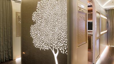 An artistic motif representing the Ghaf (prosopis cineraria) tree, is used as a design highlight throughout the aircraft. Courtesy Emirates