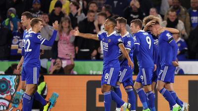 Harvey Barnes with teammates after scoring Leicester City's second goal. Getty