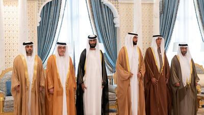 Hamad Mohamed Al Hurr Al Suwaidi, HE Jaber Al Suwaidi, General Director of the Crown Prince Court - Abu Dhabi, HE Saif Ghobash, Director General of Abu Dhabi Tourism and Culture Authority, Mubarak Al Dhaheri, Undersecretary of the Department of Urban Planning and Municipalities of Abu Dhabi, Rashed Al Blooshi, Acting Undersecretary at the Department of Economic Development of Abu Dhabi and Mohamed Al Hameli, Undersecretary of Department of Health of Abu Dhabi, attend the swearing-in ceremony. Ryan Carter for the Ministry of Presidential Affairs