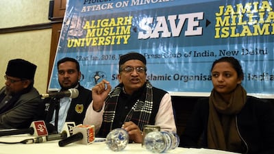 From left, Saleem Engineer of Jamaat-e-Islami Hind, Iqbal Hussain, president Students Islamic Organisation of India and Navaid Hamid, president of its All Indian Majlis-e-Mushawarat in New Delhi last month. Sonu Mehta / Getty Images