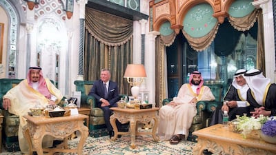 Saudi Arabia's King Salman with King Abdullah of Jordan, Saudi Crown Prince Mohammed bin Salman and Kuwait foreign minister Sheikh Sabah Khalid Al Hamad. Saudi Press Agency