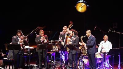 Jazz artist Wynton Marsalis (second from left) performing in concert with his team at Emirates Palace as part of the Abu Dhabi festival in Abu Dhabi. Ravindranath K / The National