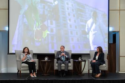 US ambassador to Jordan Henry Wooster and Ukraine’s ambassador to Jordan Myroslava Shcherbatiuk, left, speak after the screening of a documentary on the war in Ukraine. Photo credit US Embassy, Jordan