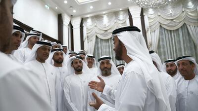 Sheikh Mohammed bin Zayed speaks to General Authority of Islamic Affairs and Endowments employees during an iftar reception at Al Bateen Palace. Seen with Dr Mohamed Al Kaabi, Chairman of the UAE General Authority of Islamic Affairs and Endowments.