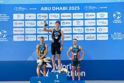 Hayden Wilde on the podium after winning the World Triathlon Championship series opener in Abu Dhabi. Photo: World Triathlon
