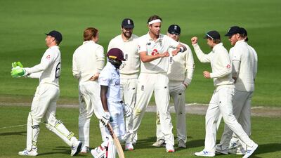 Stuart Broad celebrates the wicket of Jermaine Blackwood. Getty