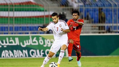 Ali Mabkhout, in white, scored the only goal in the Gulf Cup third-place play-off in the UAE’s win over Oman. Courtesy Al Ittihad