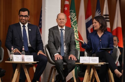 Dr Sultan Al Jaber, President-designate of Cop28, with German Chancellor Olaf Scholz and Foreign Minister Annalena Baerbock at a climate summit this week in Berlin. Getty