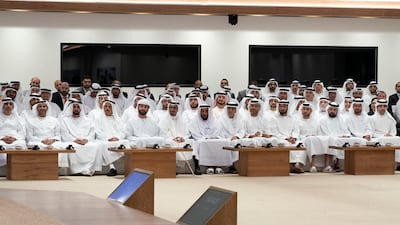 Sheikh Hazza bin Tahnoon, Undersecretary to the Ruler's Representative of the Eastern Region of Abu Dhabi, right, Sheikh Sultan bin Saeed bin Mohamed, second right, Sheikh Mohamed bin Saif bin Mohamed, third right, Sheikh Nahyan bin Saif bin Mohamed, fourth right, Staff Major General Faris Khalaf Al Mazrouei, Chairman of the UAE Critical Infrastructure and Coastal Protection Authority, fifth right, Awaidha Murshed Al Murar, Chairman of the Department of Energy and Abu Dhabi Executive Council Member, sixth right, Dr Mugheer Al Khaili, Chairman of the Department of Community Development and Abu Dhabi Executive Council Member, seventh right, Abdullah Saleh bin Badowah, eighth right, and other dignitaries, attend a lecture by Dr Beau Lotto (not shown) titled 'The Science of Innovation: Becoming Naturally Adaptable', at Majls Mohamed bin Zayed. Eissa Al Hammadi / Ministry of Presidential Affairs