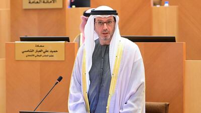 FNC member Dherar Al Falasi at the council’s session on Tuesday. He says the new law will ensure donations reach those who need them. FNC