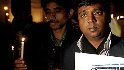 Friends of murdered Indian student Anuj Bidve stage a rally in New Delhi yesterday. A man describing himself as “Psycho Stapleton” has appeared in a British court accused of shooting Bidve, 23, in the head.