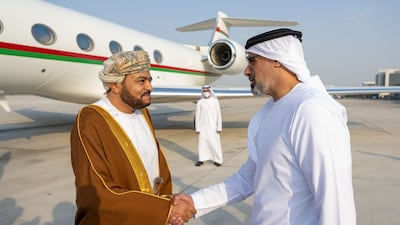 Sheikh Khaled bin Mohamed, member of the Abu Dhabi Executive Council and chairman of the Abu Dhabi Executive Office, receives Mr Al Said at Al Bateen Airport.