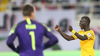 Awer Mabil of Australia celebrates after scoring a goal. EPA