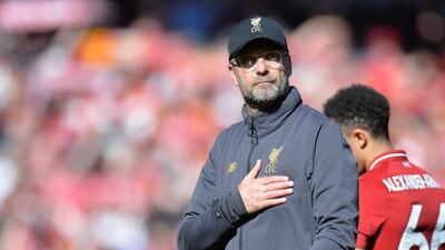 Jurgen Klopp salutes the supporters after Liverpool's final game of the Premier League season. EPA