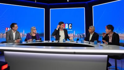 Liberal Democrat candidate Rob Blackie, Conservative candidate Susan Hall, Mr Khan and Green party candidate Zoe Garbett during the LBC London mayoral debate. PA