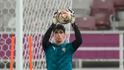 Morocco goalkeeper Yassine Bounou, better known as Bono, during the training session at the Duhail Stadium. AP