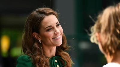 Britain's Kate, the Duchess of Cambridge meets junior players ahead of the Women's Final match on day twelve of the Wimbledon Tennis Championships in London, Saturday, July 13, 2019. Photo: AP