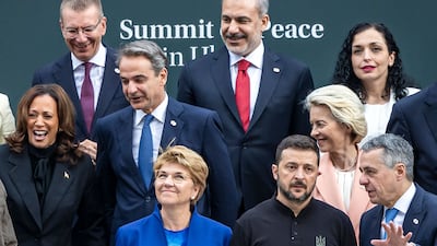 US Vice President Kamala Harris, middle left, Greece's Prime Minister Kyriakos Mitsotakis, middle, Swiss Federal President Viola Amherd, bottom left, Turkish Minister of Foreign Affairs Hakan Fidan, top centre, Mr Zelenskyy, bottom right, President of the European Commission Ursula von der Leyen, middle right, and Swiss Foreign Minister Ignazio Cassis, bottom right. AFP