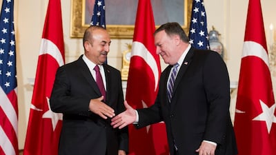 Secretary of State Mike Pompeo, right, meets Turkish Foreign Minister Mevlut Cavusoglu in Washington on June 4, 2018. AP Photo