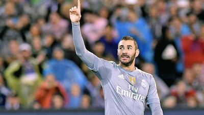 Karim Benzema celebrates after scoring the first goal in Real Madrid's 4-1 pre-season friendly win over Manchester City on Friday in Melbourne. Joe Castro / EPA