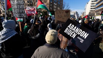 Demonstrators block a junction near the US Capitol as President Joe Biden attends the National Prayer Breakfast. Getty Images