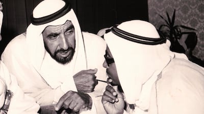 Saleh Farah, right, talks with UAE Founding Father, the late Sheikh Zayed bin Sultan Al Nahyan. Photo: Supplied